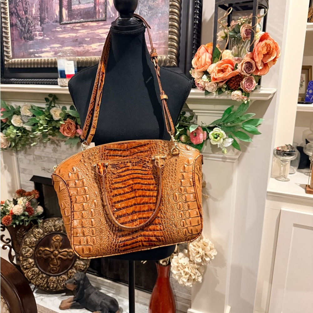 Brahmin Cognac Croc-Embossed Leather Tote with Adjustable Strap - Picture 2 of 3